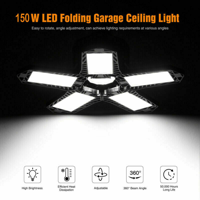 E27/E26 150W LED Garage Light 8000LM Adjustable Deformable Fan Garage Lamp Ceiling Industrial Work Light for Storage Warehouse