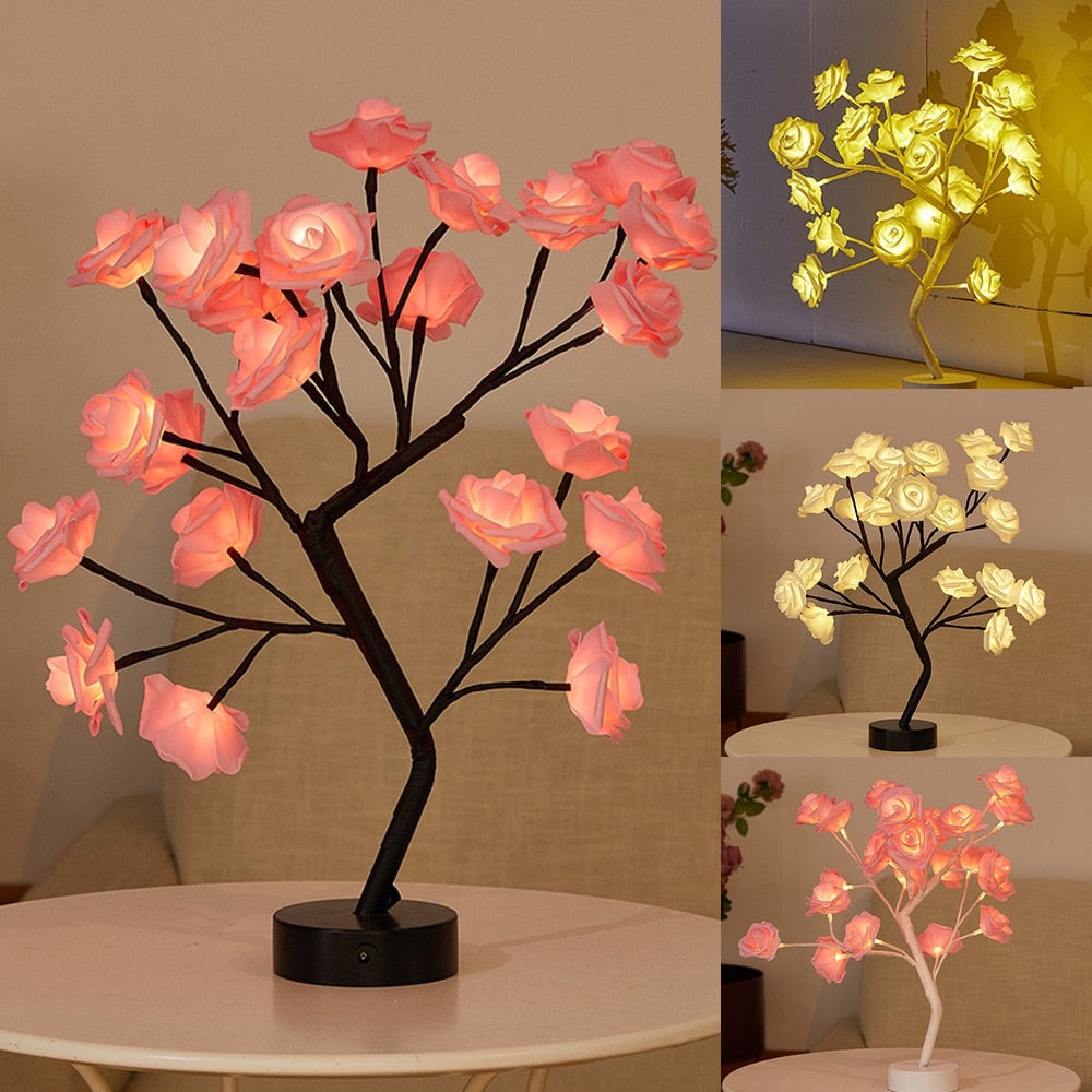 USB Battery Operated LED Table Lamp Rose Flower Bonsai Tree Night