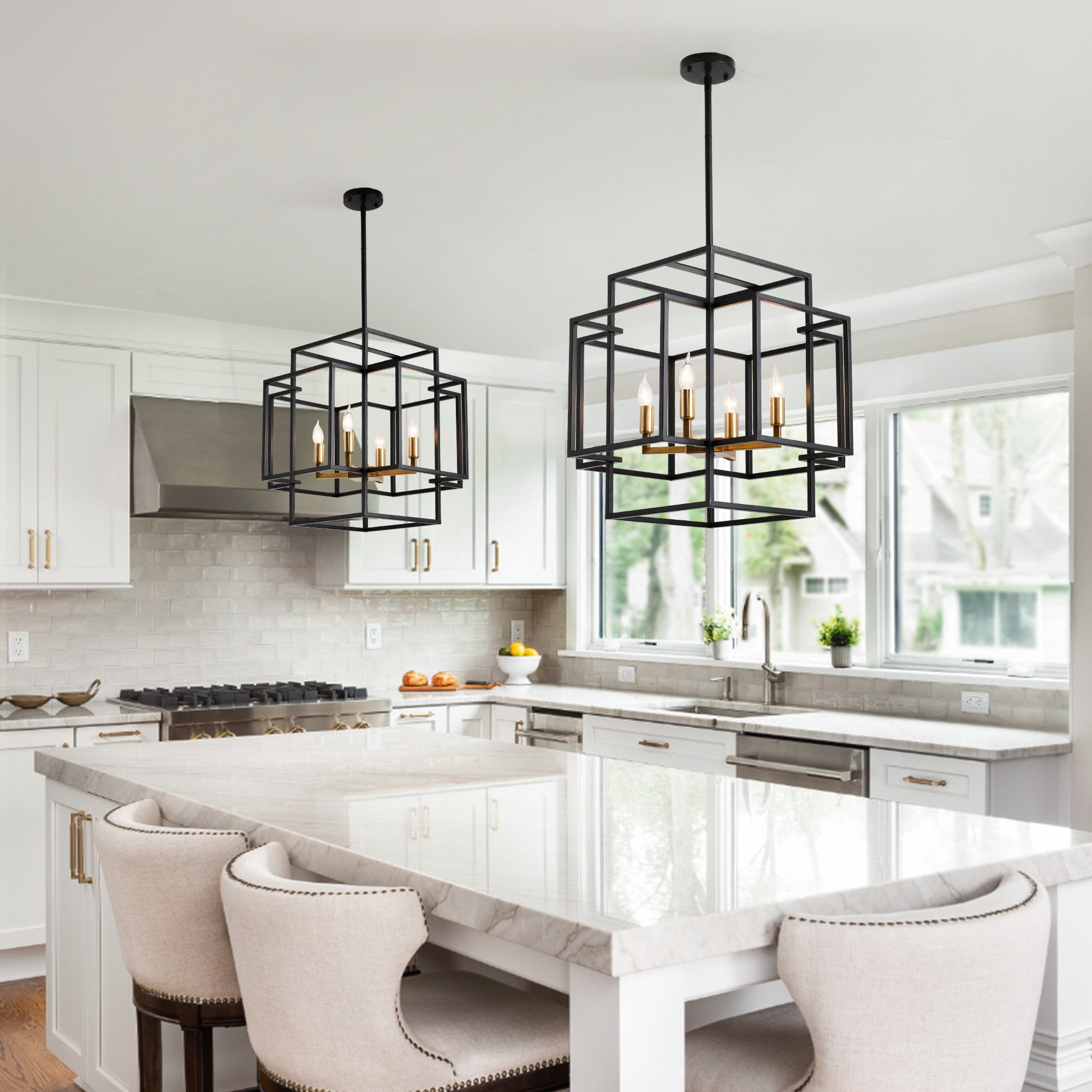 4-Lights Lantern American Style Pendant Lights Fixtures Industrial Farmhouse Hanging Chandelier for Living Room Island Kitchen