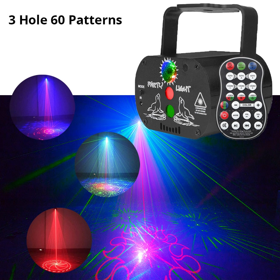 RGB Mini DJ Disco Laser Light Projector USB Rechargeable LED UV Sound Strobe Stage Effect Wedding Xmas Holiday Party Lamp
