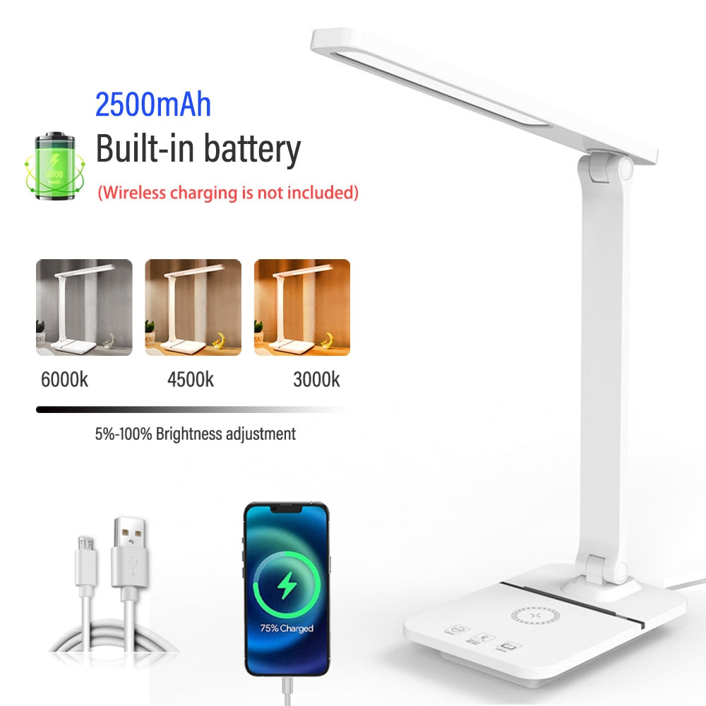 LED Folding Reading Table Lamp 15W QI Wireless Charging Touch Dimmable Color Grading To Protect Eyes for Bedroom Bedside Office
