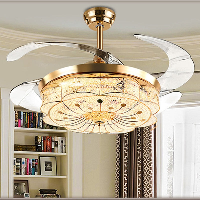 New American Restaurant Ceiling Fan Lamp Rural Retro European Style Leaf Living Room Fan Lamp Crystal Led Luxury Gold Fans
