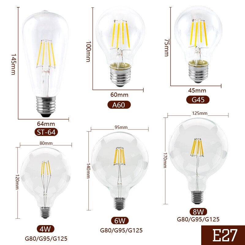 4pcs/lot LED Candle Bulb C35 ST64 Vintage Lamp E14 LED E27 A60 G95 G125 AC220V LED Globe 2W 4W 6W 8W Filament Edison Light Bulbs