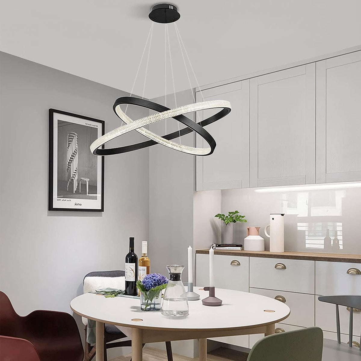 Modern 2 LED Circular Rings Crystal Pendent Light 3000K Single Color for Living Room