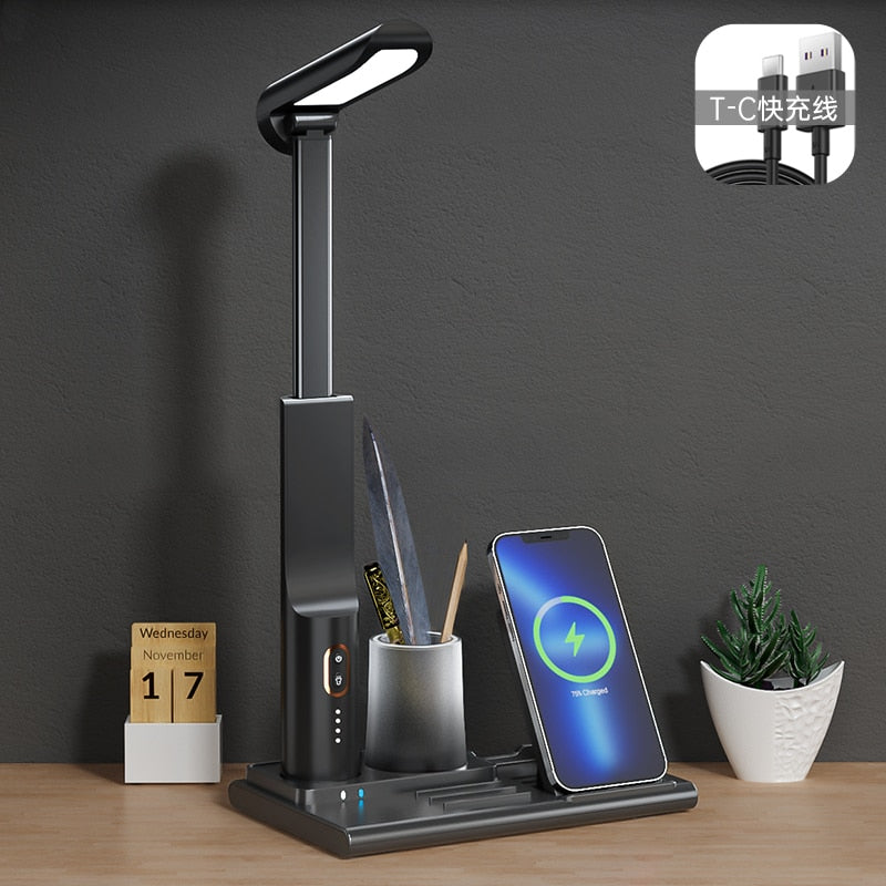 QI Wireless Charging LED Table Lamp,15W Eye Protection Folding Desk Lamp with Pen Holder Touch Control No Blu-ray Reading Light