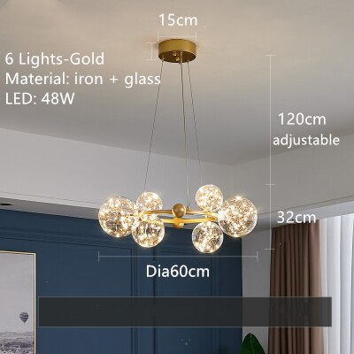 Creative Romantic Style Star Bright LED Modern Chandelier Hanging Lamp Round Black/Golden Transparent Glass Ball Pendant Light