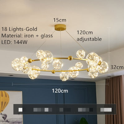 Creative Romantic Style Star Bright LED Modern Chandelier Hanging Lamp Round Black/Golden Transparent Glass Ball Pendant Light