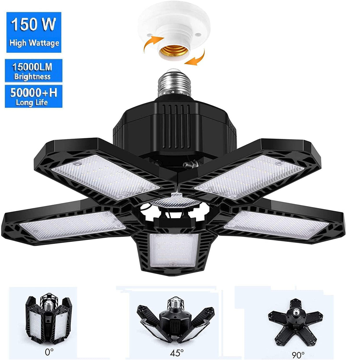 LED Garage Lights with 8 Adjustable Panels E26/E27 Ceiling Shop Work Lamp 150W 15000 Lumen Bulb for Workshop Industrial Lighting