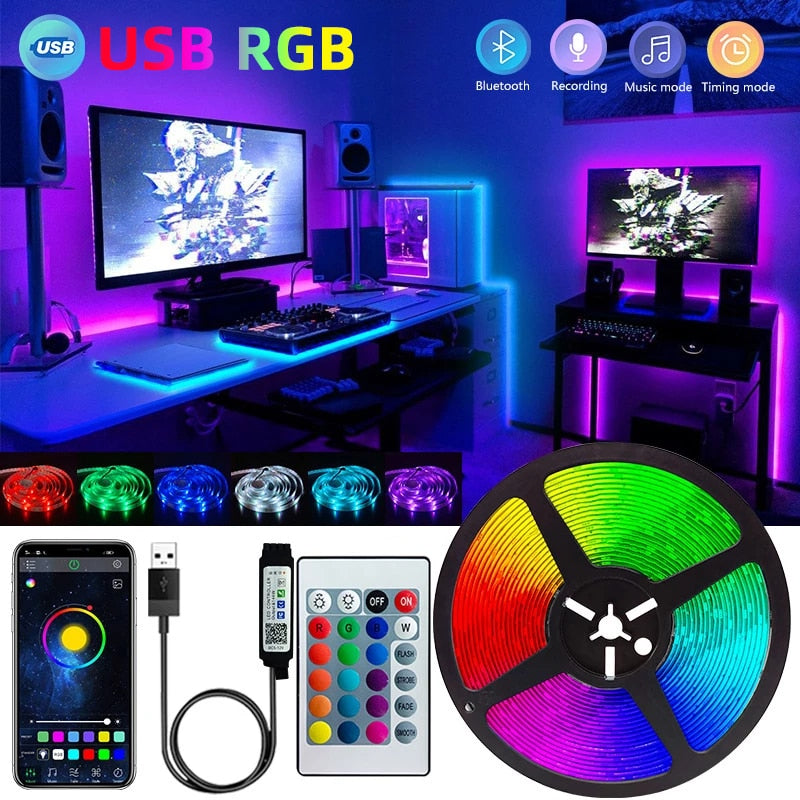USB LED Strip Light Bluetooth RGB 5V 1M-30M RGB Lights Flexible LED Lamp Tape Ribbon TV Desktop Screen BackLight Diode Tape