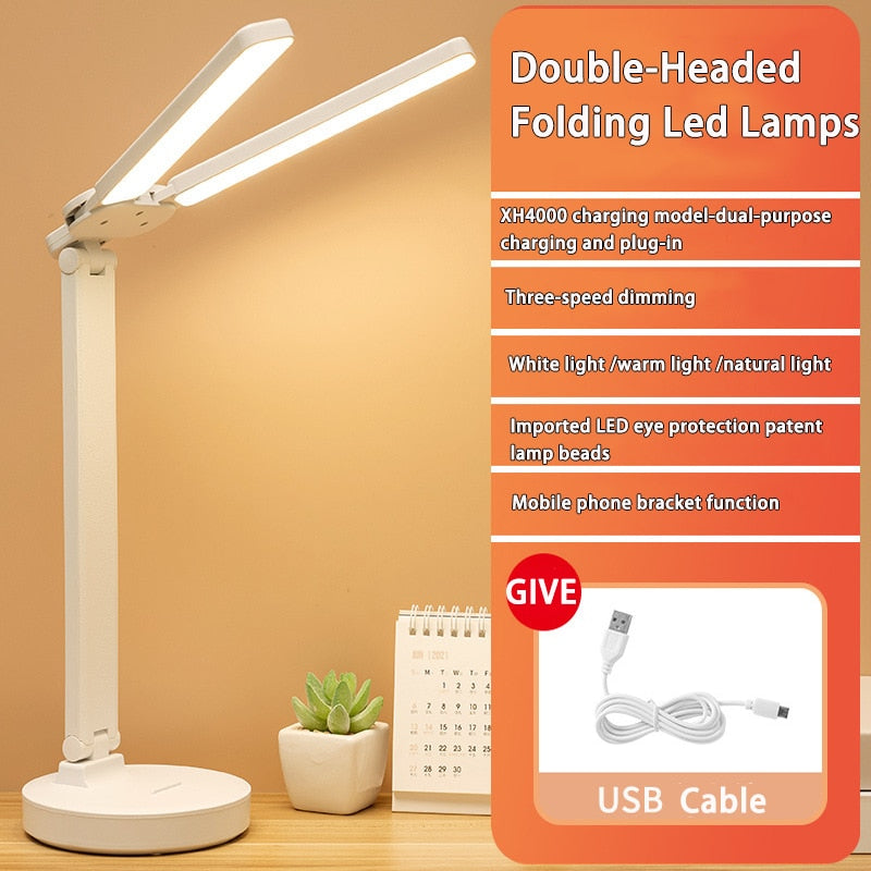 LED Energy Saving USB Double Lamp Cap Foldable Reading Lamp for Children's Mobile Phone Bracket Desk Study Light Bedroom Table
