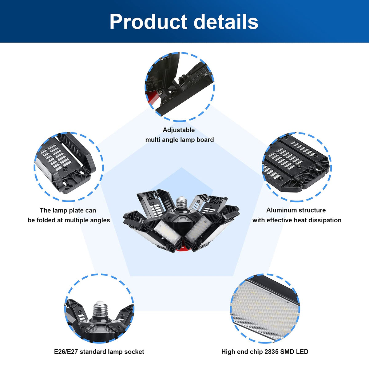 200W LED Garage Lights 3-12 Leafs Garage Ceiling Light Fixtures with Adjustable Multi-position Panel Lamp for Workshop Warehouse