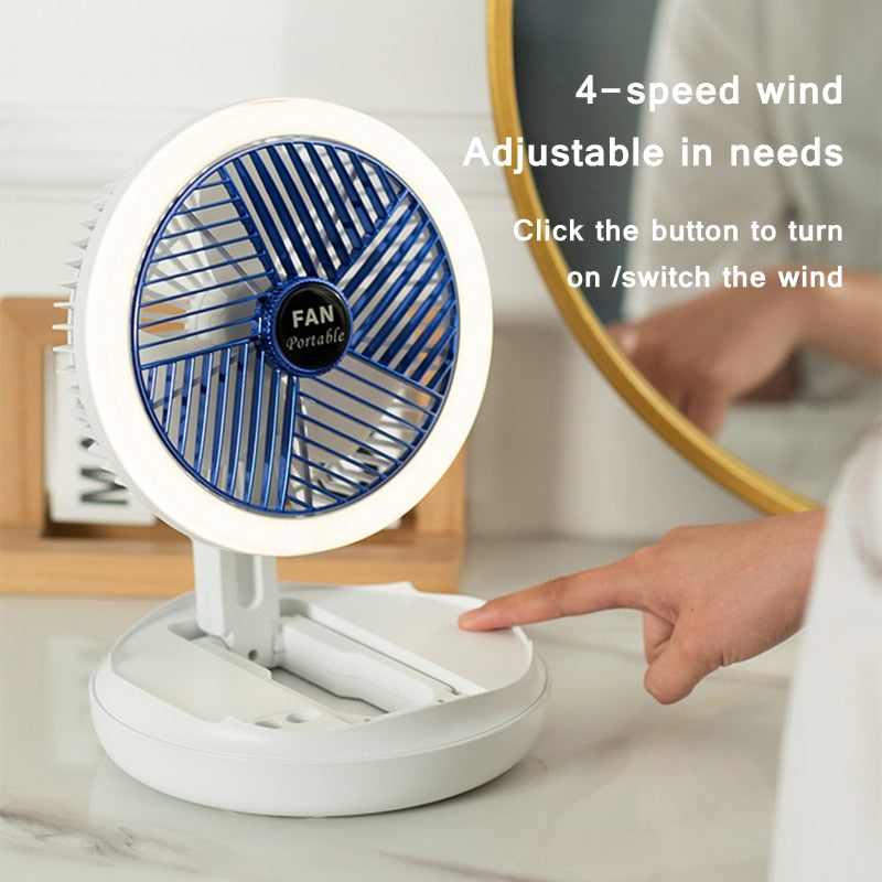 USB Charging Foldable Table Fan Wall Mounted Hanging Ceiling Fan with LED Light 4 Speed Adjustable For Home Room Air Cooler Fan