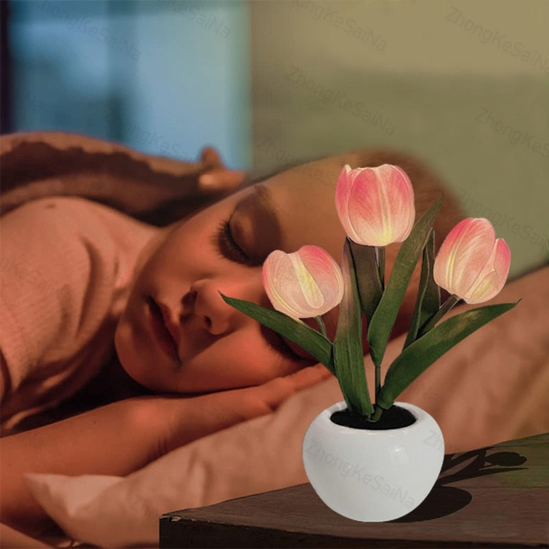 LED Tulip Night Light Simulation Flower Table Lamp Home Decoration Atmosphere Lamp Romantic Potted Gift for Office/Room/Bar/Cafe