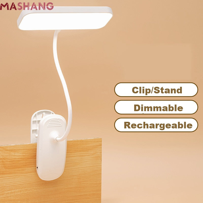 360° Flexible Table Lamp with Clip Stepless Dimming Led Desk Lamp Rechargeable Bedside Night Light for Study Reading Office Work