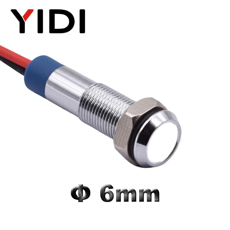 5/10pcs 6mm LED Metal Indicator Signal Lamp 6V 12V 24V 220V DC AC Flat Head Wire Leading Pilot Light Red Green Blue Amber White