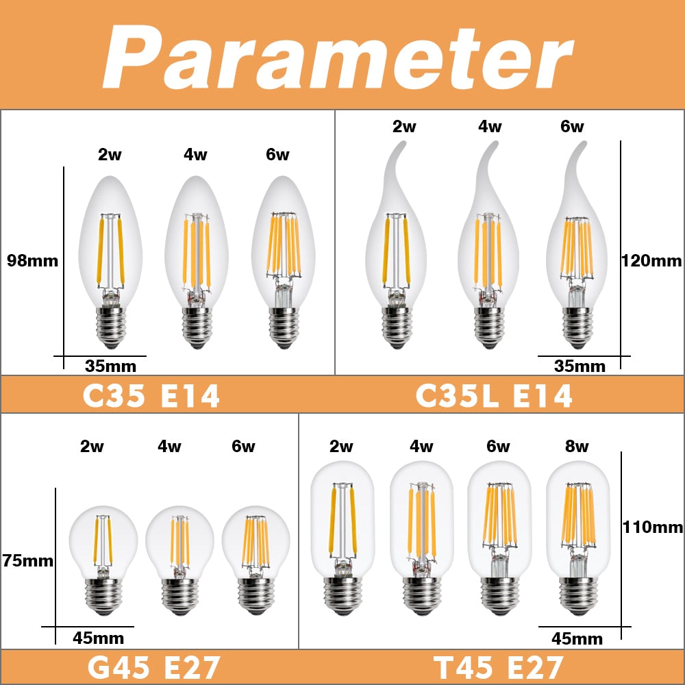 2Pcs E27 E14 Retro LED Edison Bulb 220V Light Bulb C35 A60 ST64 G45 G80 G95 Vintage LED Filament Lamp Glass Bulb Candle Light