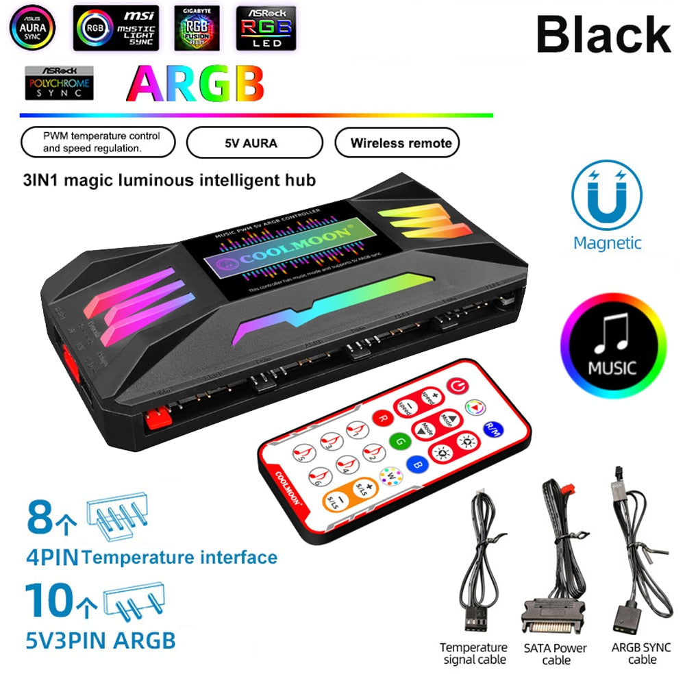 5V/3Pin ARGB 4Pin Fan PWM HUB 1To8 Music Rhythm Temperature Controller Aura Sync Cooling Fan Remote Control Chassis Hub