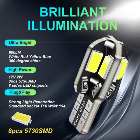 20PCS W5W T10 LED Bulbs Can bus 5730 8SMD 12V 6000K 194 168 LED Car Interior Map Dome Lights Parking Light Auto Signal Lamp Warm