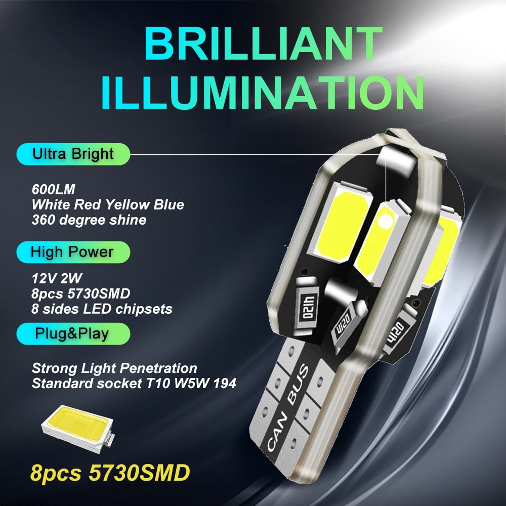 20PCS W5W T10 LED Bulbs Can bus 5730 8SMD 12V 6000K 194 168 LED Car Interior Map Dome Lights Parking Light Auto Signal Lamp Warm