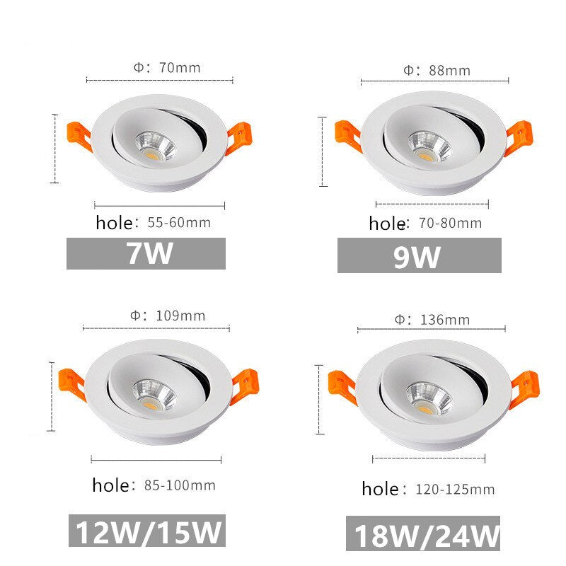 Round Shape 360 Angle Adjustable LED COB Recessed Downlight Black/White 9W 12W 15W LED Ceiling Spot Light Pic Background Focos