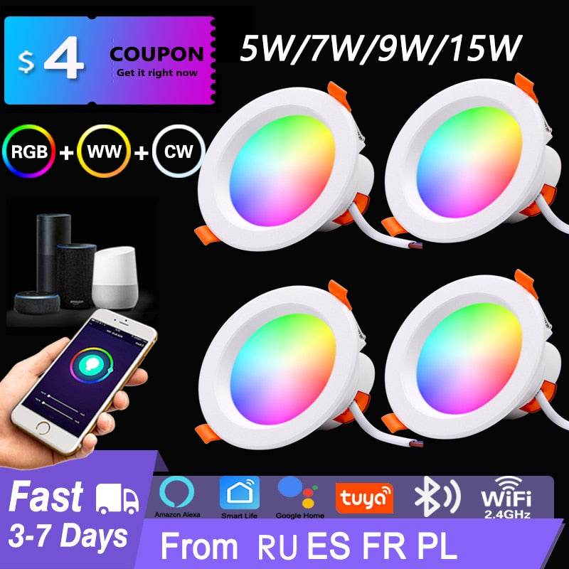LED Downlight Wi Fi TUYA Smart Life Dimming Spot Bluetooth lamp 7W 9W 15W RGB Change Warm Cool light Work with Alexa Google Home