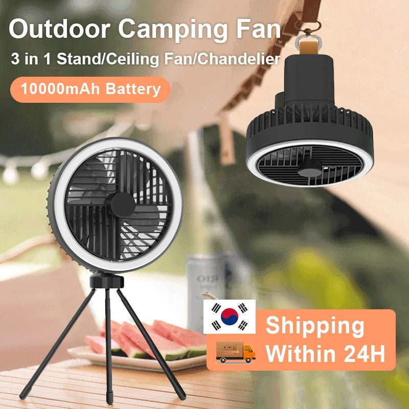 Multifunction Portable Electric Camping Fan Rechargeable Desktop Tripod Stand Cooling Ceiling Fan with LED Outdoor Dropshipping