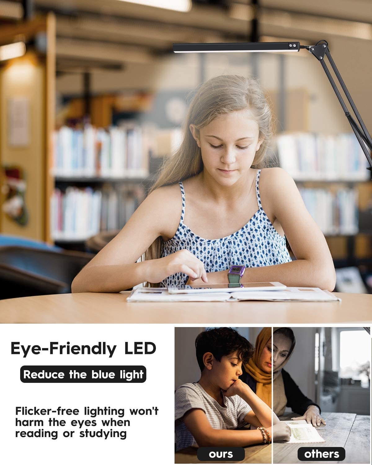 LED Desk Lamp with Clamp, Eye-Care Dimmable Reading Light, 3 Color Modes Swing Arm Lamp, USB Clip-on Table Lamp, Daylight Lamp