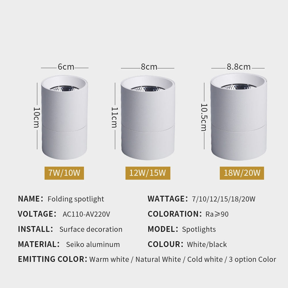 LED Downlight Foldable Ceiling Spotlight 10W 15W 20W Surface Mounted Aluminum Ceiling Spots Lamp For  Room Home Kitchen Bathroom