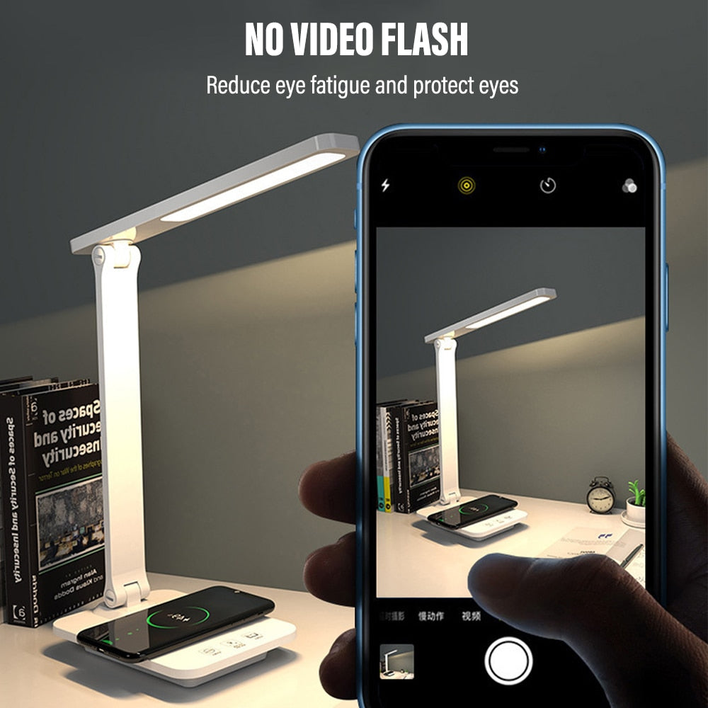 LED Folding Reading Table Lamp 15W QI Wireless Charging Touch Dimmable Color Grading To Protect Eyes for Bedroom Bedside Office