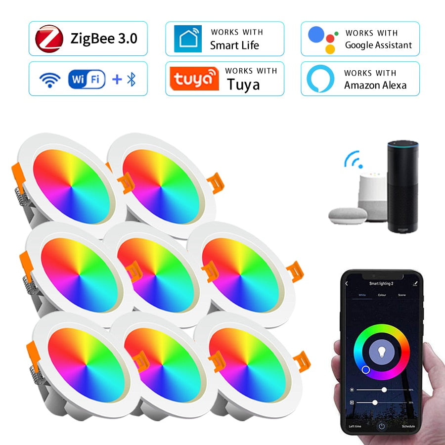 8pcs ZigBee Smart Ceiling Lights RGB Tuya WiFi Bluetooth LED Downlights Recessed Spotlight Alexa Lamps Control Alexa Google Home