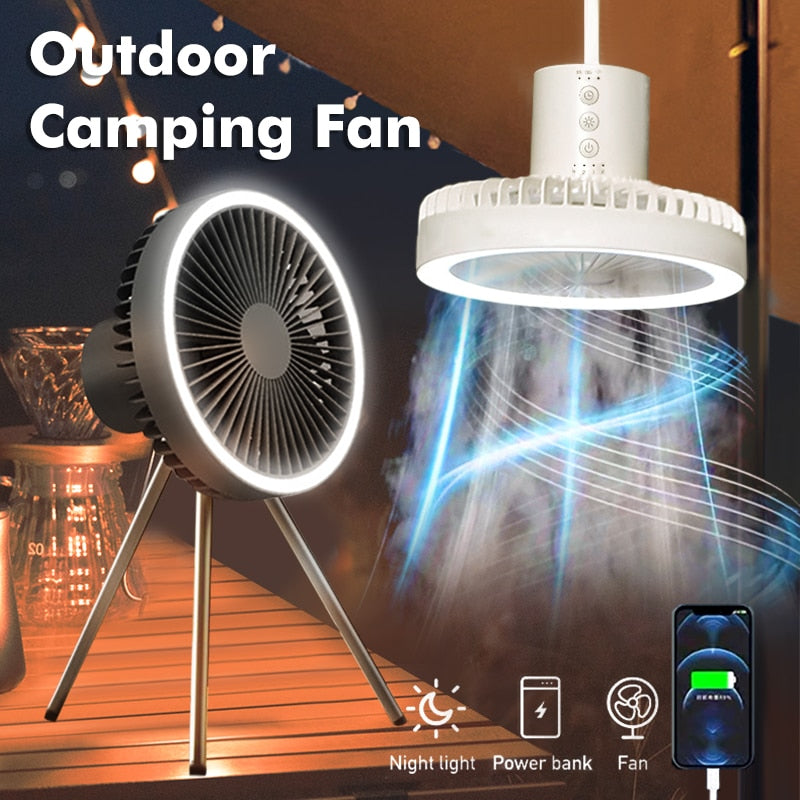 2 in1 Camping Fan Multifunction Home Appliances Usb Rechargeable Desk Tripod Stand Ceiling Cooling Fan With LED Night Light