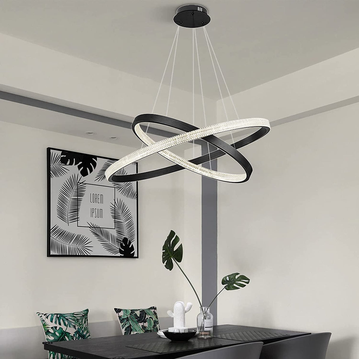 Modern 2 LED Circular Rings Crystal Pendent Light 3000K Single Color for Living Room