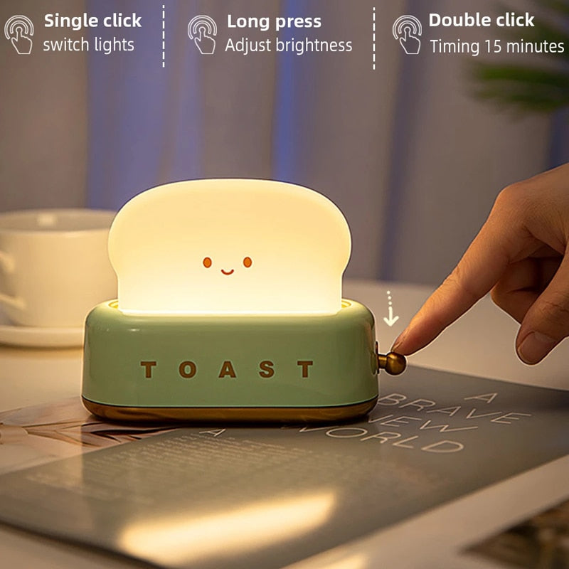LED Bread Maker Night Light Toast Lamp USB Charging Dimming Table Lamps Children Timing Sleeping Fun Switch Mood Lights