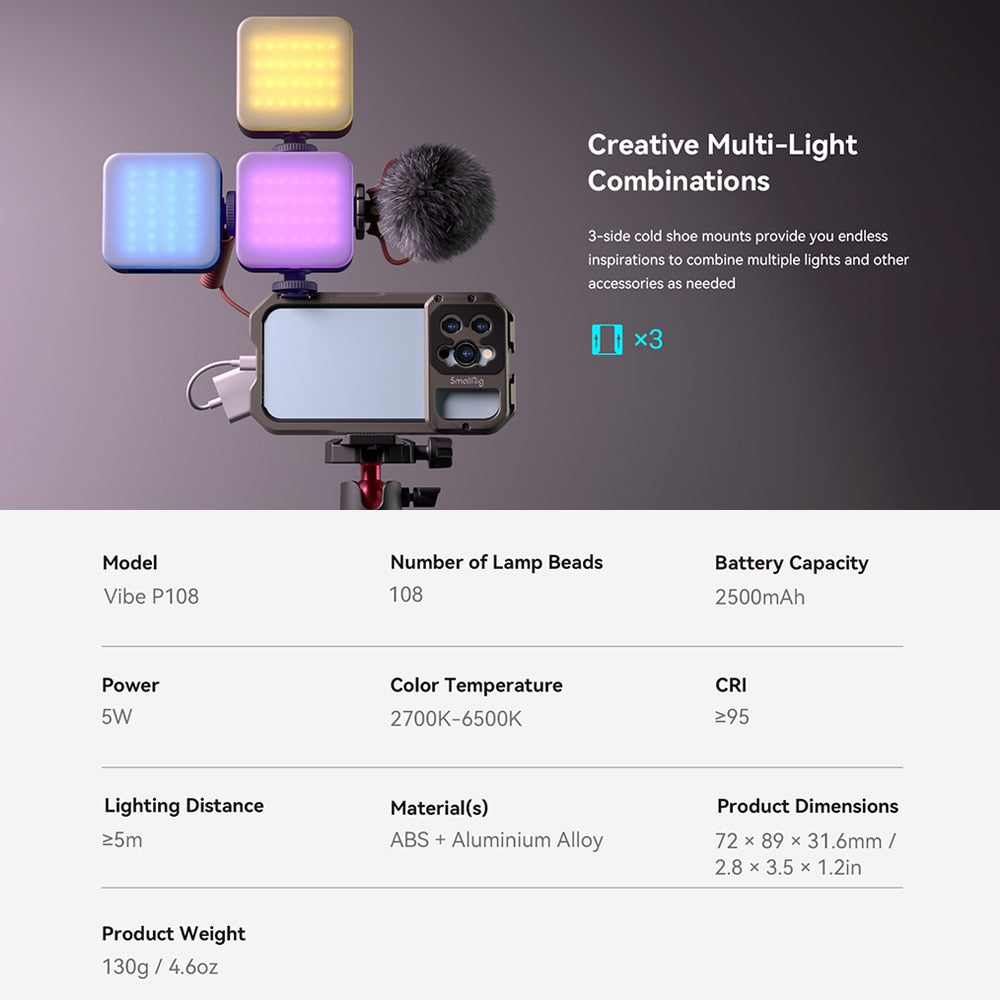 SmallRig Portable Vibe P108 RGB Video Light Smart Light 130mins long-lasting Pocket Size 108 LED Beads Floodlights 4055