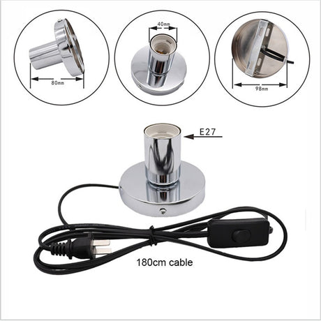 Anti-Slip Metal Desktop Lamp Base 180cm Cord E27 E26 Base Holder with on/off Switch, EU AU BS US Plug Screw Base for Table Lamp