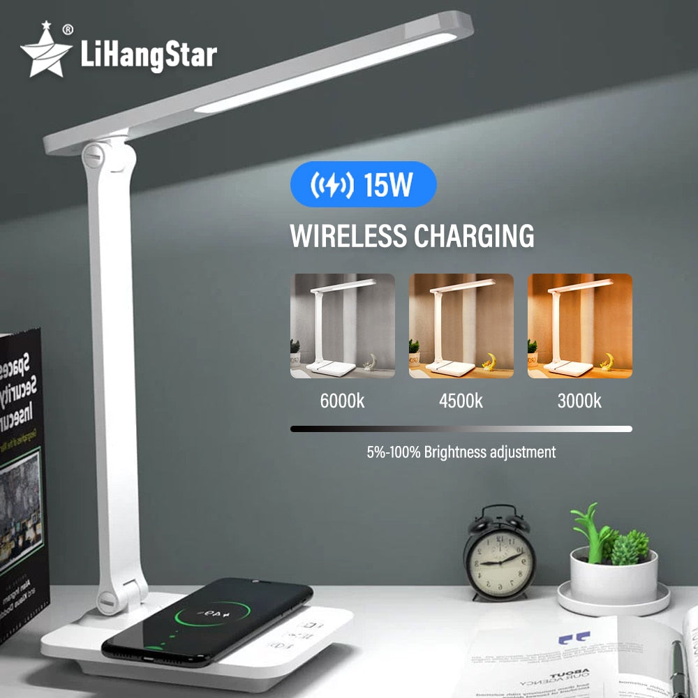 LED Folding Reading Table Lamp 15W QI Wireless Charging Touch Dimmable Color Grading To Protect Eyes for Bedroom Bedside Office