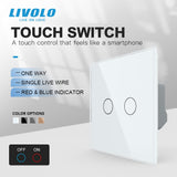 Livolo EU Standard 2 Gang 1 Way Wall Touch Light Switch,Wall Power Sensor Switch,4Colors Crystal Glass Panel,with led Backlight