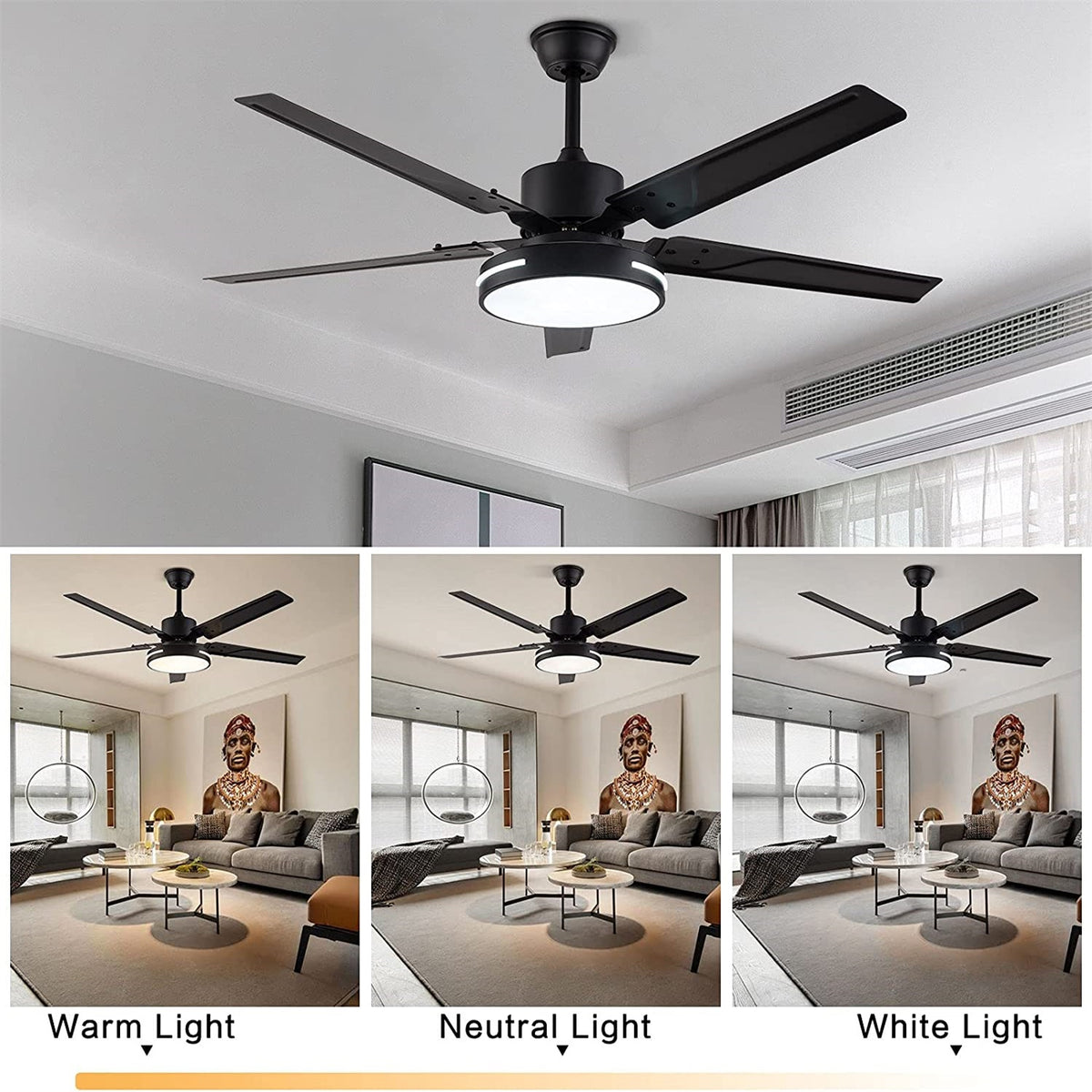 Black/Silver 48 Inch Modern LED Ceiling Fan Silent Motor with Remote Control