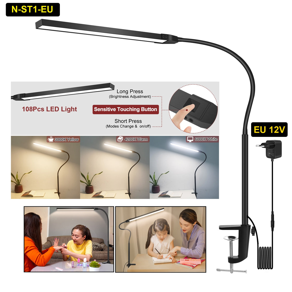 EOOKU 12W Clip on Light 108 LED Reading Light for Bed Touch Button 360° Flexible Gooseneck Desk Lamp Eye Protection Light