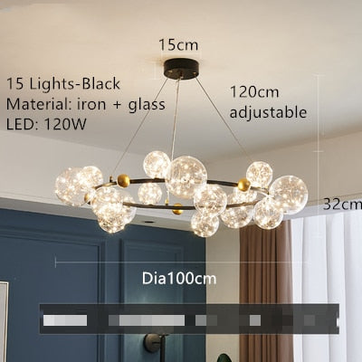Creative Romantic Style Star Bright LED Modern Chandelier Hanging Lamp Round Black/Golden Transparent Glass Ball Pendant Light