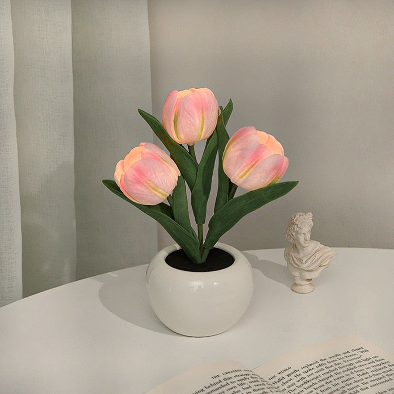 LED Tulip Night Light Simulation Flower Table Lamp Home Decoration Atmosphere Lamp Romantic Potted Gift for Office/Room/Bar/Cafe