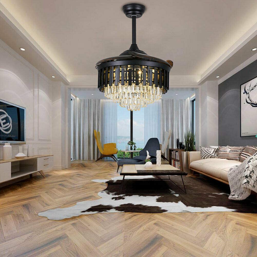 LED Crystal Chandelier Retractable Ceiling Fan Light with Remote Control
