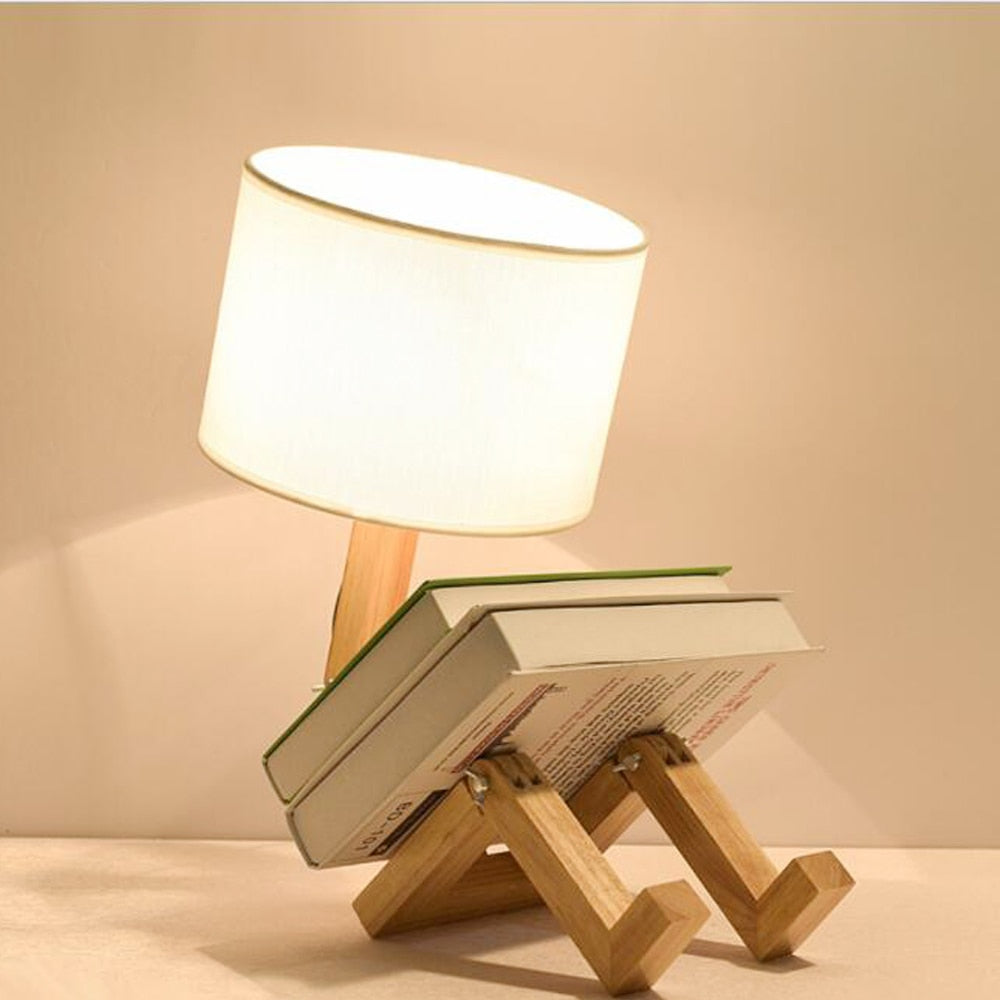 Robot Shape Wooden LED Table Lamps E27 Lamp Holder Modern Art Wood Desk Table Lamps Parlor Indoor Bedroom Study Night Light