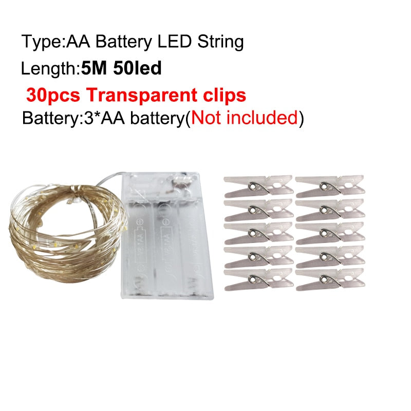 LED String Lights Photo Clip USB Battery Operated Garland Fairy Lamp Christmas Decoration Holiday Party Wedding Xmas Lighting