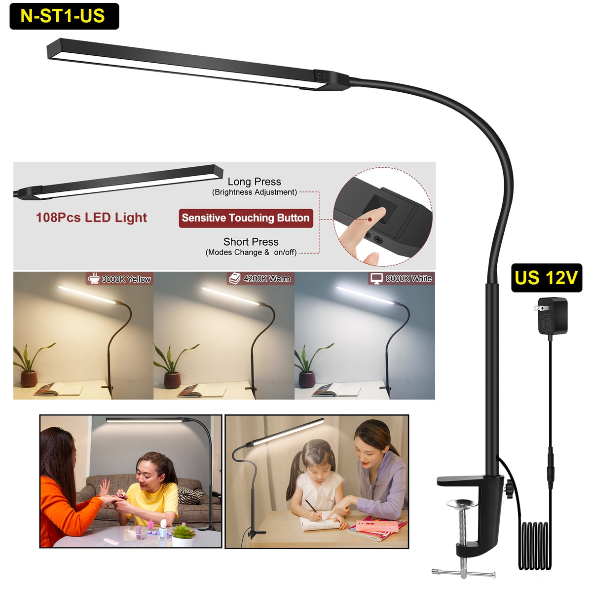 EOOKU 12W Clip on Light 108 LED Reading Light for Bed Touch Button 360° Flexible Gooseneck Desk Lamp Eye Protection Light