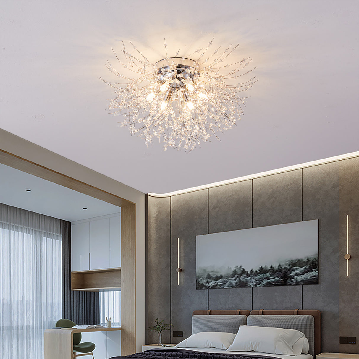LED Crystal Firework Chandelier Modern Style Ceiling Light Fixtures 6 Light Pendant