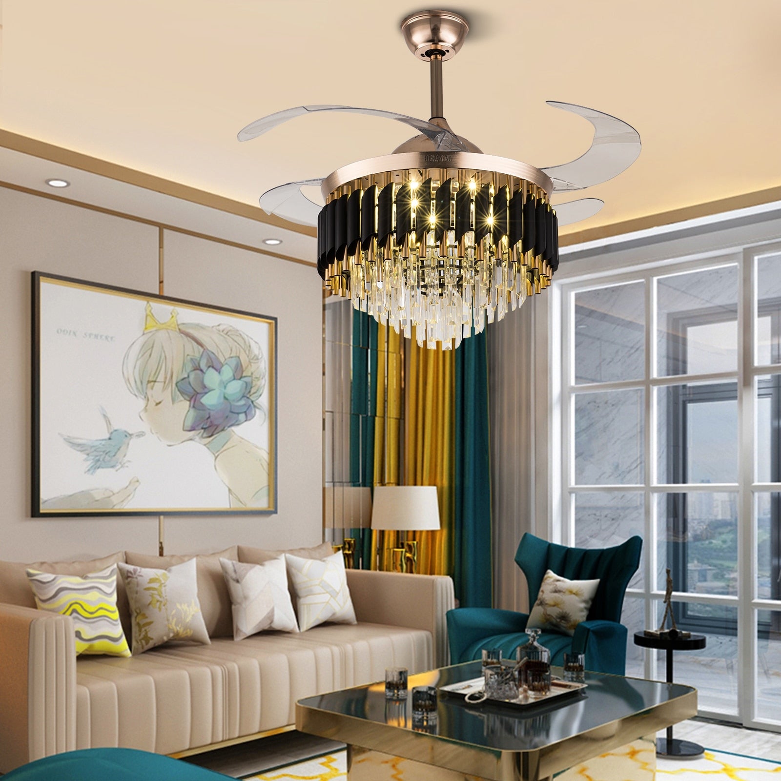 Modern Home Decor Retractable Ceiling Fans with LED Light Chandelier Ceiling Fan 3 Colors 3 Speeds 4 Invisible Blades