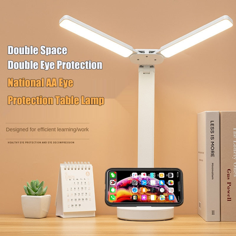 LED Energy Saving USB Double Lamp Cap Foldable Reading Lamp for Children's Mobile Phone Bracket Desk Study Light Bedroom Table