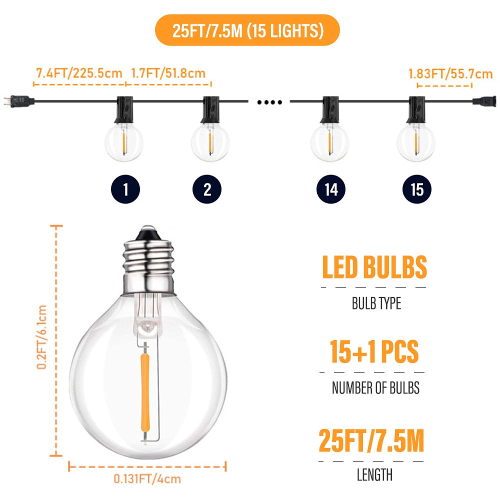 50FT LED G40 Ball String Lights Waterproof Outdoor Garden Garland String Lights Terrace Garden Pub Christmas Party Decoration