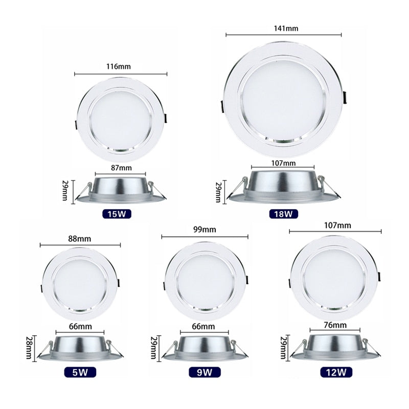LED Downlight 5W 9W 12W 15W 18W Recessed Round LED Ceiling Lamp AC 220V 230V 240V Indoor Lighting Warm White Cold White